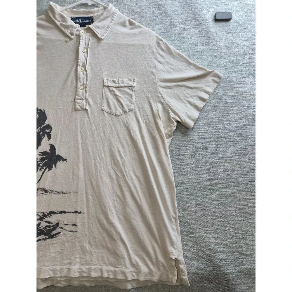 Ralph Lauren Polo Shirt Mens XL Beige Palm Tree Island Print Cotton Golf Tennis